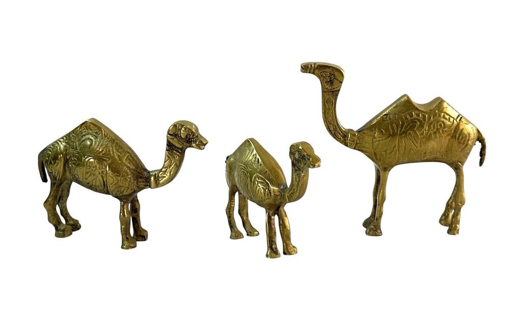 Vintage Brass Camel Figurines Set of 3 Engraved Boho Middle Eastern Decor